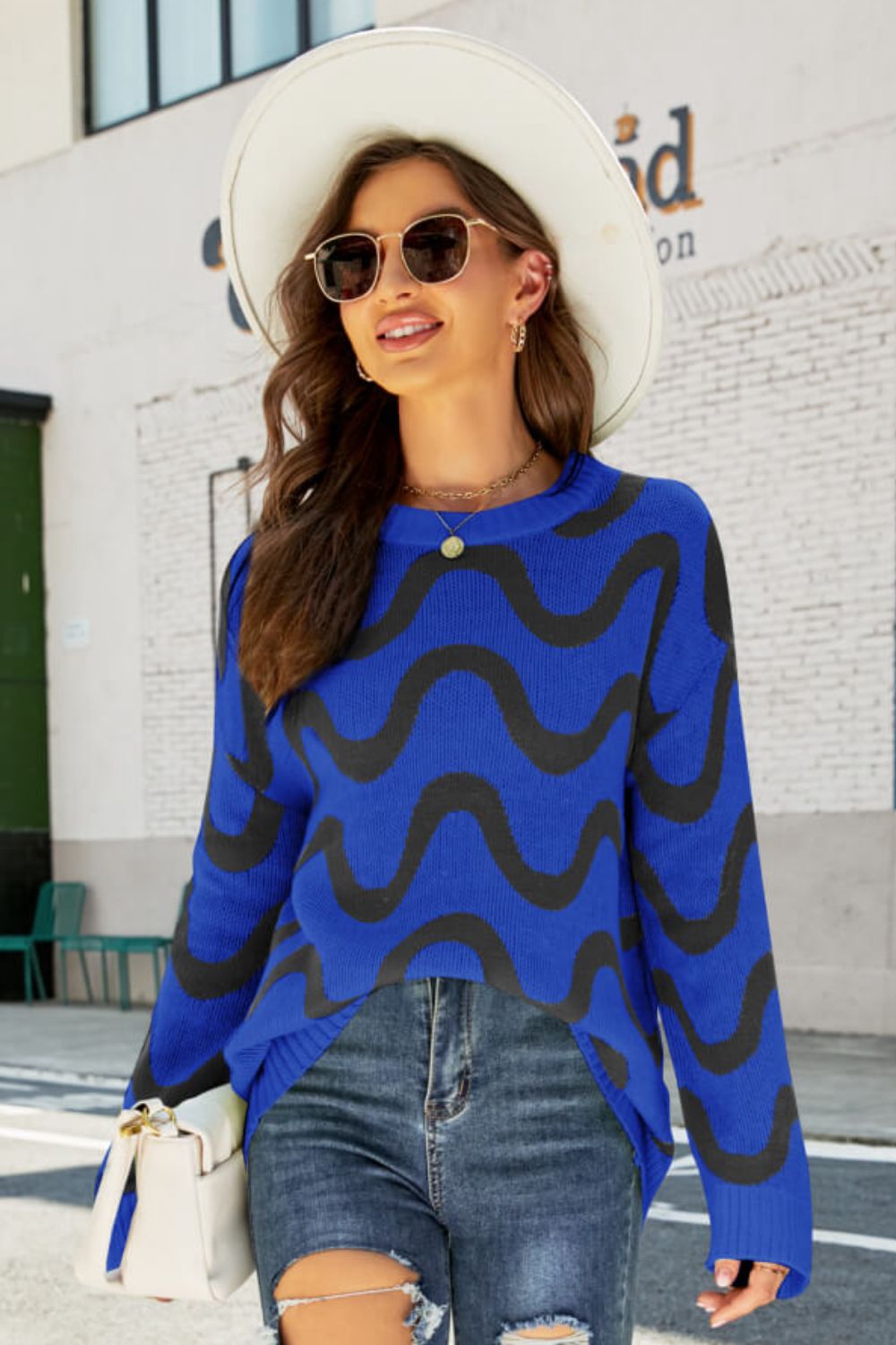 Wave Stripe Ribbed Trim Tunic Sweater
