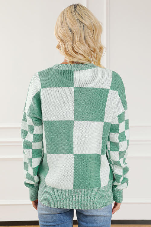 Checkered Drop Shoulder Long Sleeve Sweater