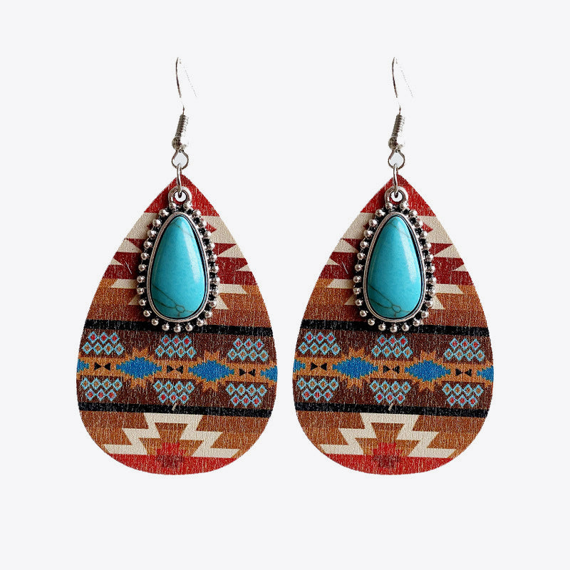 Turquoise Teardrop Shape Wooden Dangle Earrings