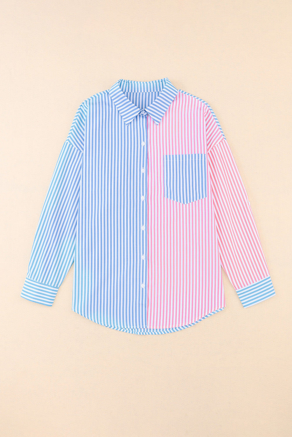 Striped Two-Tone Long Sleeve Shirt with Pocket