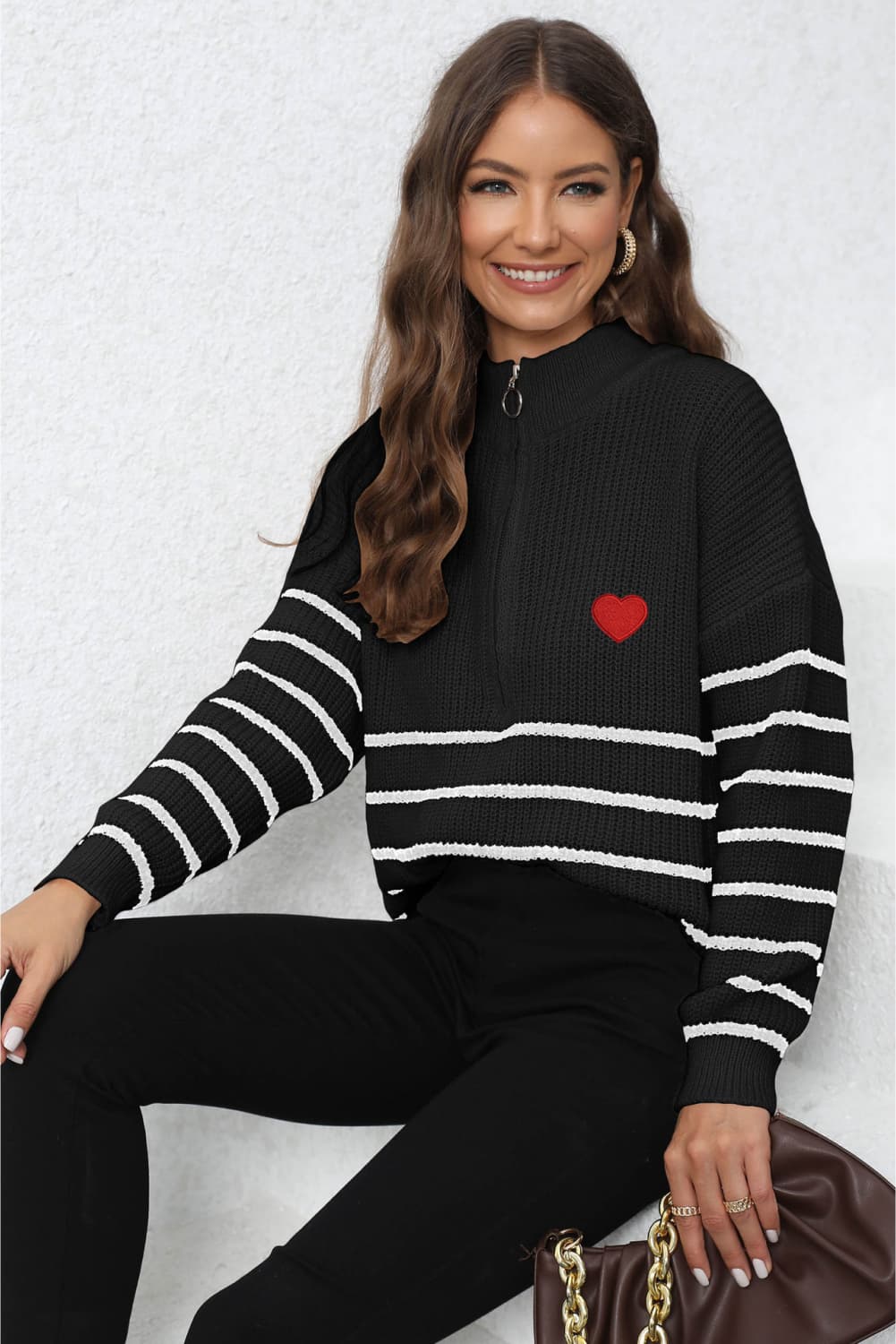 Striped Zip-Up Long Sleeve Ribbed Sweater