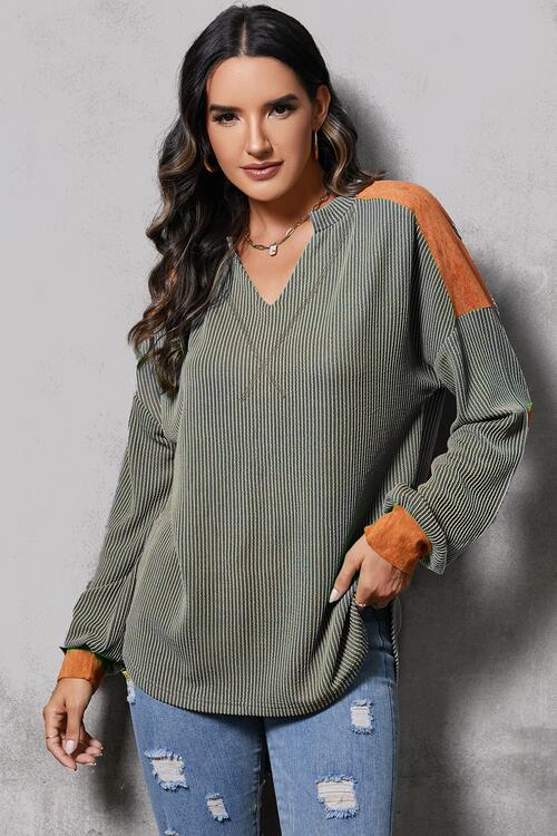 Striped Notched Long Sleeve Blouse