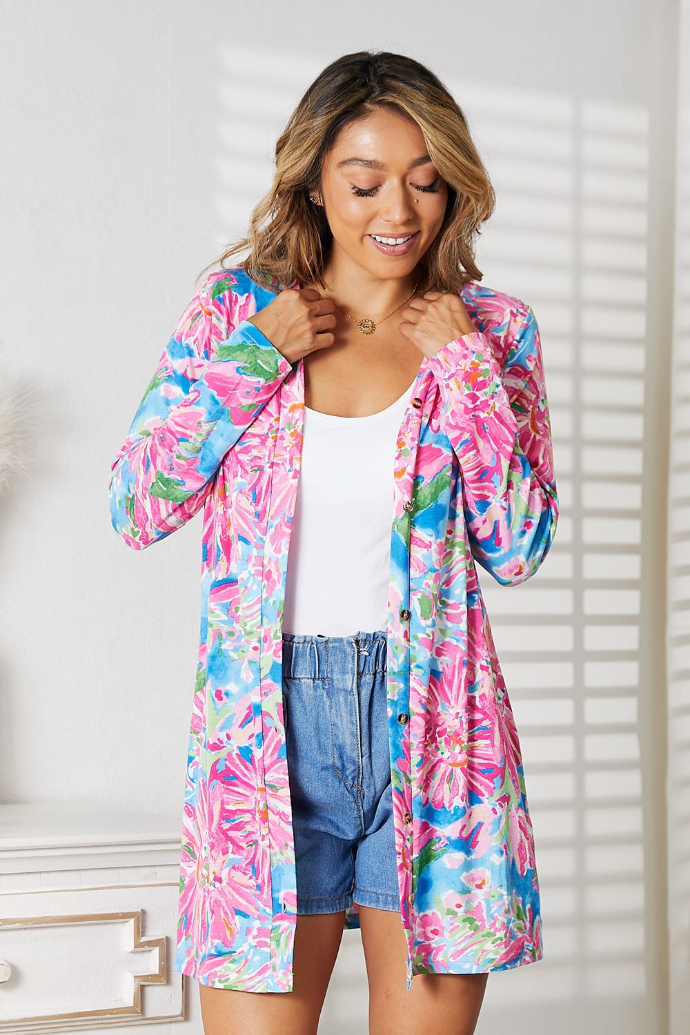 Double Take Floral Open Front Long Sleeve Cardigan