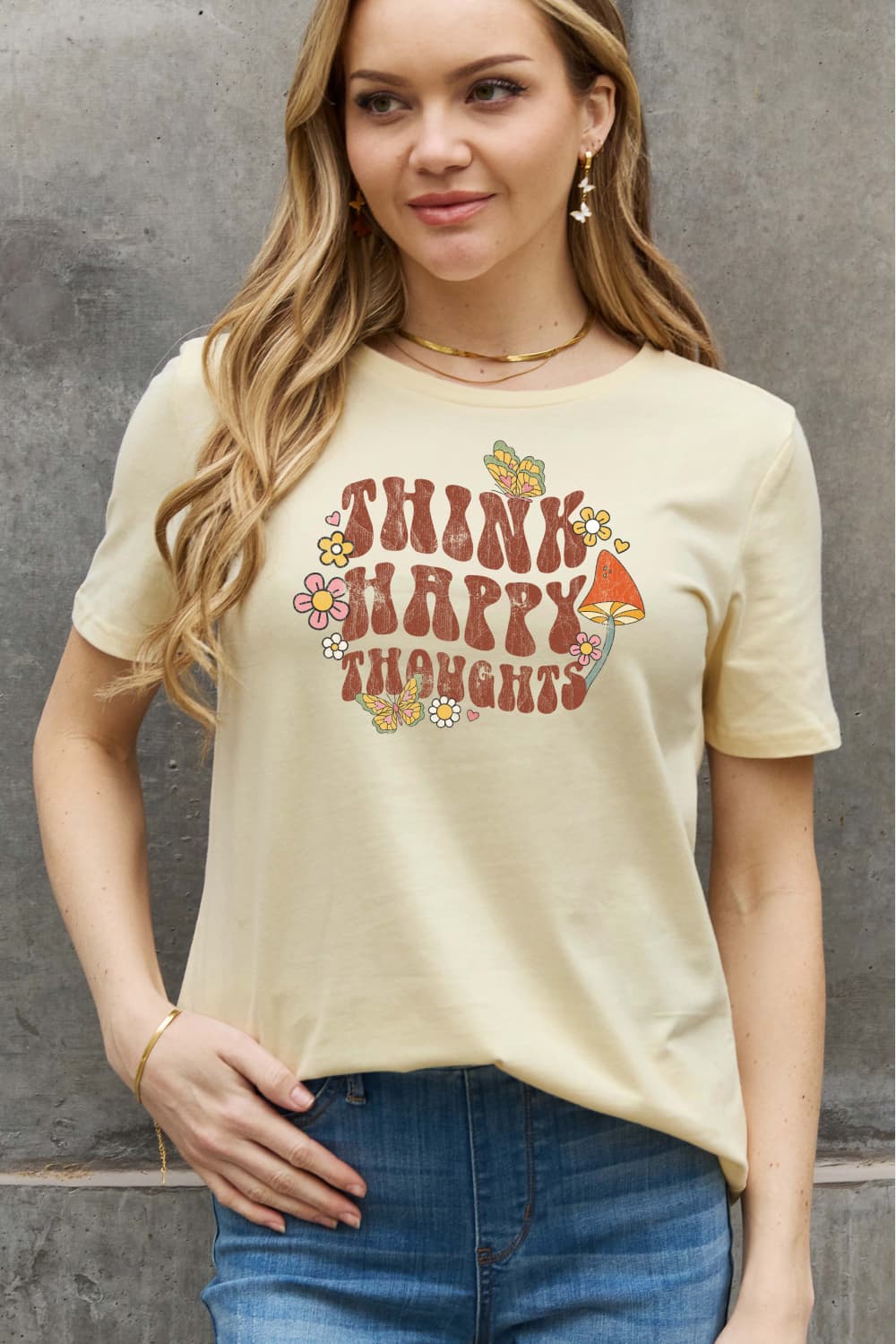 Simply Love Full Size THINK HAPPY THOUGHTS Graphic Cotton Tee