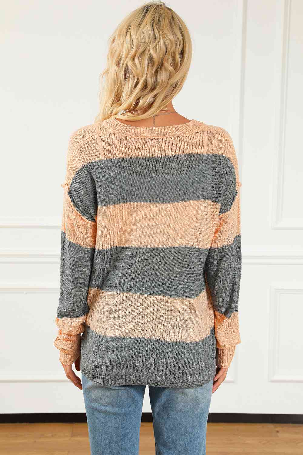 Striped Buttoned Dropped Shoulder Slit Sweater