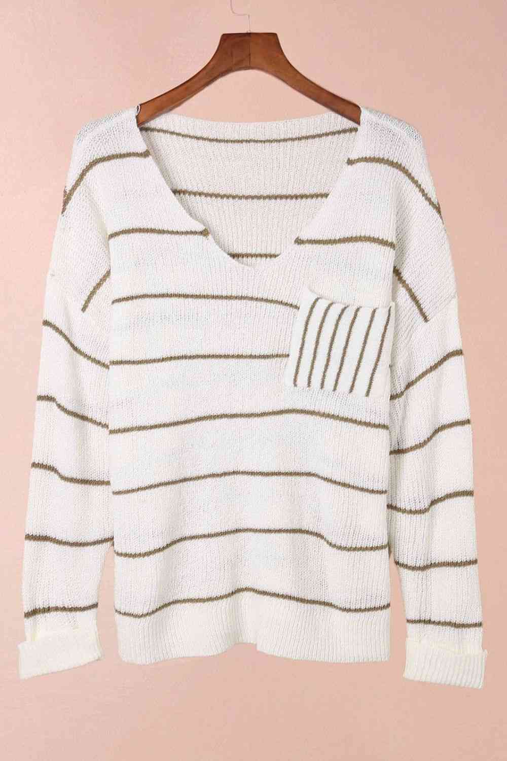 Striped V-Neck Drop Shoulder Sweater with Pocket
